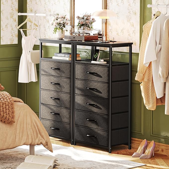 Huuger 5 Drawers Dresser with Charging Station, Dresser for Bedroom, Tall Night Stand, Chest of Drawers with Open Shelf, Bedside Table Nightstand, Fabric Storage Drawers, for Entryway, Black