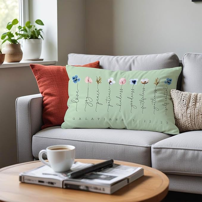 Fruit of The Spirit Bible Verse Pillow Covers 12x20, Boho Floral Christian Throw Pillow Covers for Home Office Church Decor, Christian Gifts for Women, Faith Based Gifts(Green)