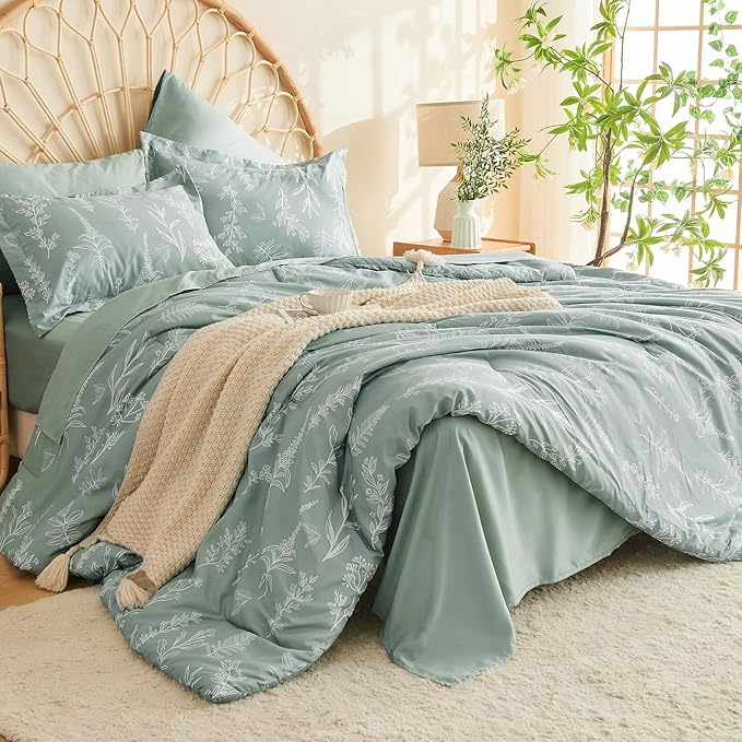 MUXHOMO Bed in a Bag Queen 7 Pieces, Sage Green Queen Comforter Set Reversible Botanical Flowers Design, Ultra Soft & Breathable Bedding Sets with Comforter, Sheets, Pillowcases & Shams