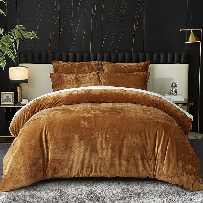 Ivellow Luxury Velvet Comforter Set King Size - 5pcs Ultra Soft Breathable Bedding Set with 1 Comforter, 2 Pillow Shams, 2 Euro Shams - Harvest Gold