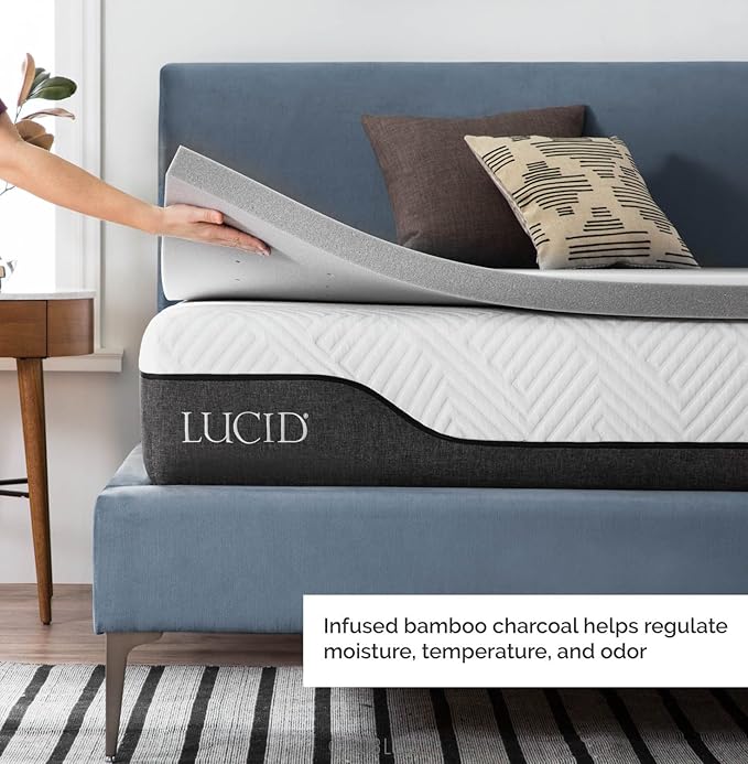 Lucid 2 Inch Ventilated Bamboo Charcoal Memory Foam Mattress Topper, CertiPUR-US Certified, Moisture and Odor Control-Twin