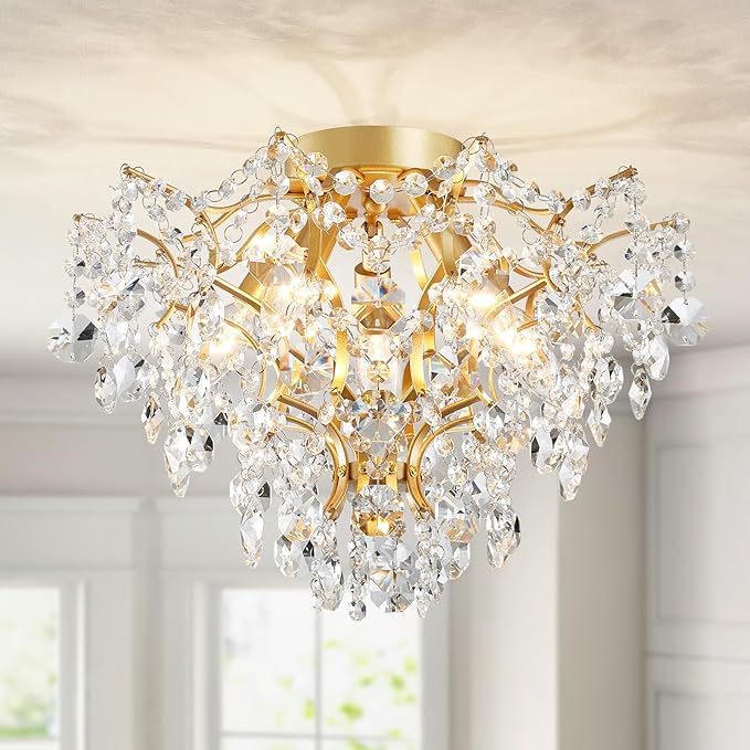 WUZUPS 5-Light Crystal Chandelier Flushmount Ceiling Light Modern Lighting Fixture for Bedroom Hallway Bar Kitchen Bathroom, H 12" W 15.4", E12 Base, Gold