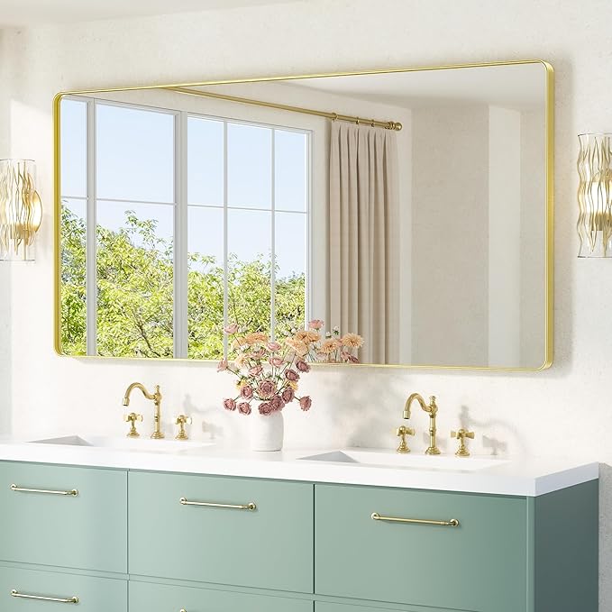 TETOTE 72 x 36 Inch Gold Framed Mirror Vanity Mirrors for Wall Decor Brushed Gold Bathroom Mirrors, Tempered Glass, Modern Farmhouse Wall Mounted Mirror for Decorative(Horizontal/Vertical)