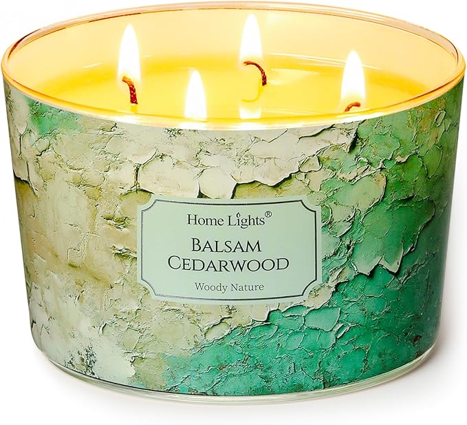 HomeLights Balsam Cedarwood Scented Candles | 18oz Soy Candles Industrial Chic 4-Wick Large Candle Jars | Ideal Candle Gifts for Events, Home Decor Stress, Relief & Relaxation