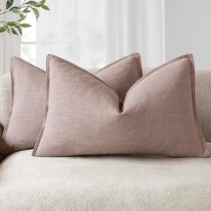 Foindtower Pack of 2, Decorative Linen Soild Throw Pillow Covers Accent Lumbar Cushion Case Farmhouse Pillowcase for Chair Couch Sofa Bedroom Living Room Home Decor 12 x 20 Inch Dusty Pink