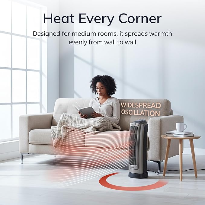 Lasko Oscillating Digital Ceramic Tower Heater for Home with Adjustable Thermostat, Timer and Remote Control, 23 Inches, 1500W, Silver, 755320