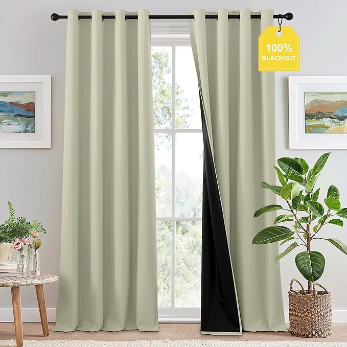 NICETOWN 100% Blackout Curtains 96 inches Long, Grommet Lightweight Easy to Install Portable Blackout Curtains Energy Saving Shades for Living Room/Bedroom, Muted Beige, W52 x L96, 2 Panels