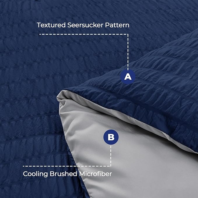 HYMOKEGE Navy Blue/Light Grey California King Comforter Set Seersucker 7 Pieces, All Season Luxury Bed in a Bag for Bedroom, Bedding Set with Comforter, Sheets, Pillowcases & Shams