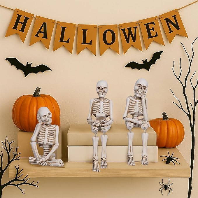 3 Pieces Halloween Skeleton Statue Realistic Halloween Skull Figurine Home Decor Funny Sitting Skeleton Collectible Figurines Decoration for Indoor Living Room Office Table Shelf Bookshelf