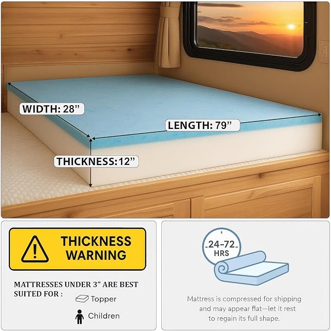 Foamma 12” x 28” x 79” Truck, Camper, RV Travel Visco Gel Memory Foam Bunk Mattress Replacement, Made in USA, Comfortable, Travel Trailer, CertiPUR-US Certified, Cover Not Included