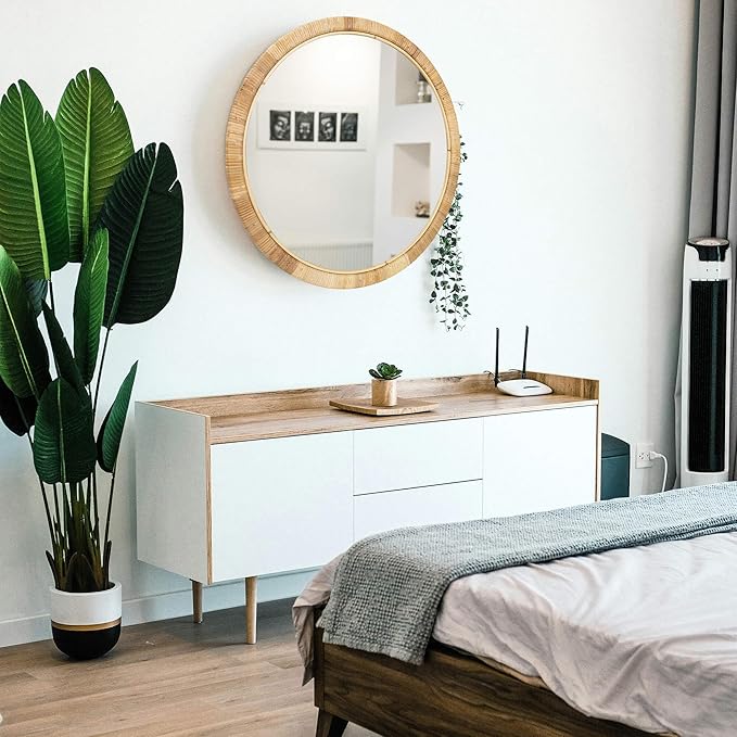 Rattan Round Wall Mirror, 28in Rattan Mirror for Wall, Rattan Frame Boho Mirror for Farmhouse Bedroom Checkroom Livingroom Decor (Natural Rattan)