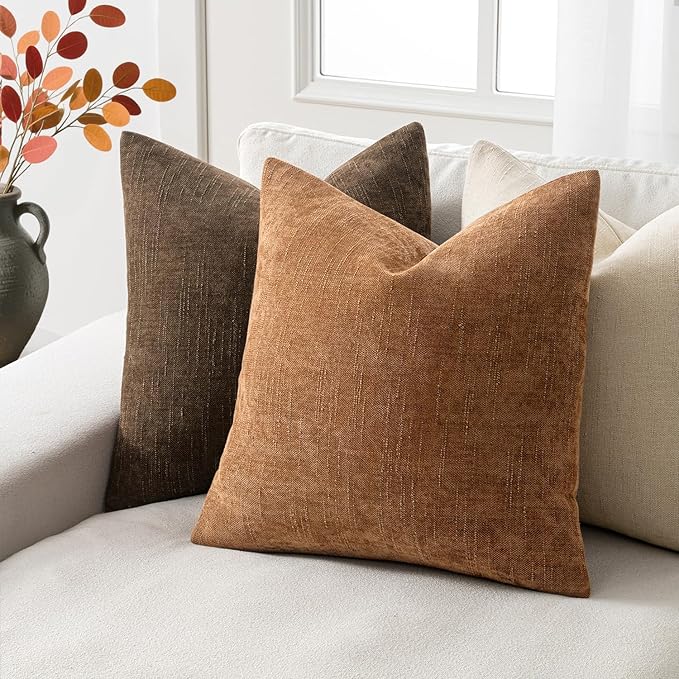 Woaboy Set of 2 Textured Throw Pillow Covers Decorative Soft Accent Square Chenille Pillowcases Neutral Farmhouse Cushions Modern Home Decor for Couch Sofa Bedroom Living Room 22x22 Inch,Chocolate