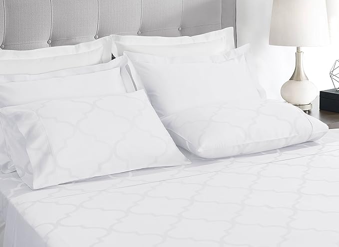 Threadmill 100% Cotton Sheets for King Size Bed | 4 Pc King Bed Sheets Set | Soft, Breathable Lightweight Damask Sateen for All-Season Use | Snug Fit Elastic Deep Pocket King Sheets | White