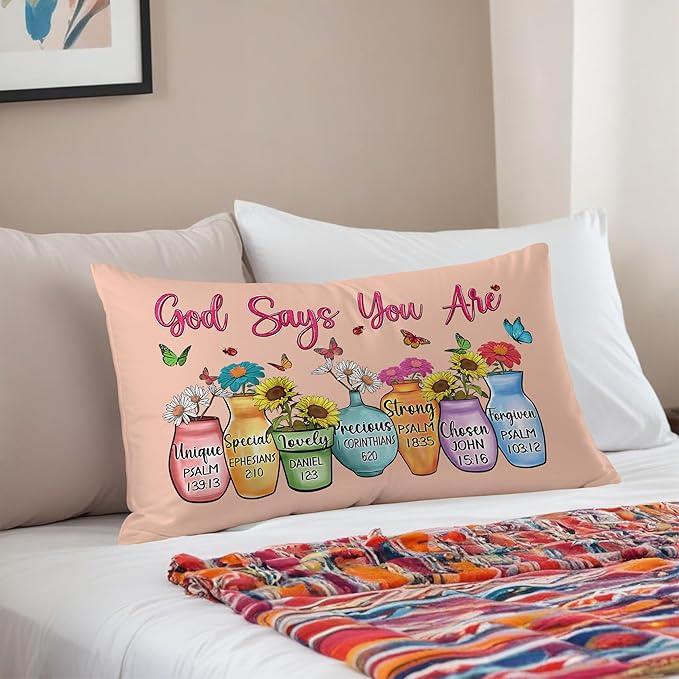 God Says You are Christian Floral Butterfly Pilow Covers 12x20, Christian Faith Based Gifts for Women, Inspirational Bible Verse Pillow Covers for Girls Room Dorm Apartment(Pink)