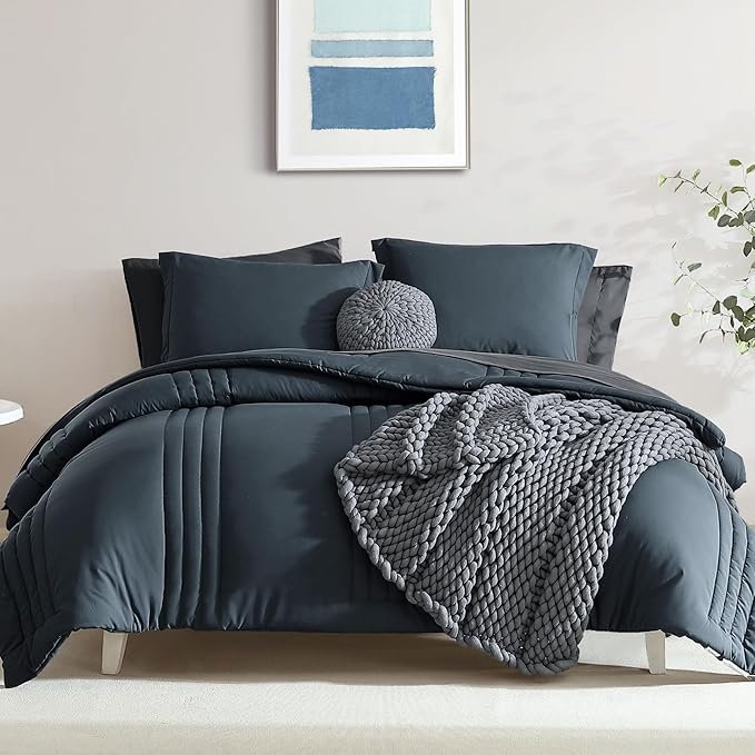 Monbix King Size Comforter Set - 7 Pieces Bed in a Bag King, Blue Gray Bedding Sets with Comforter, All Seasons Comforter Bed Set with Sheets, Pillowcases & Shams