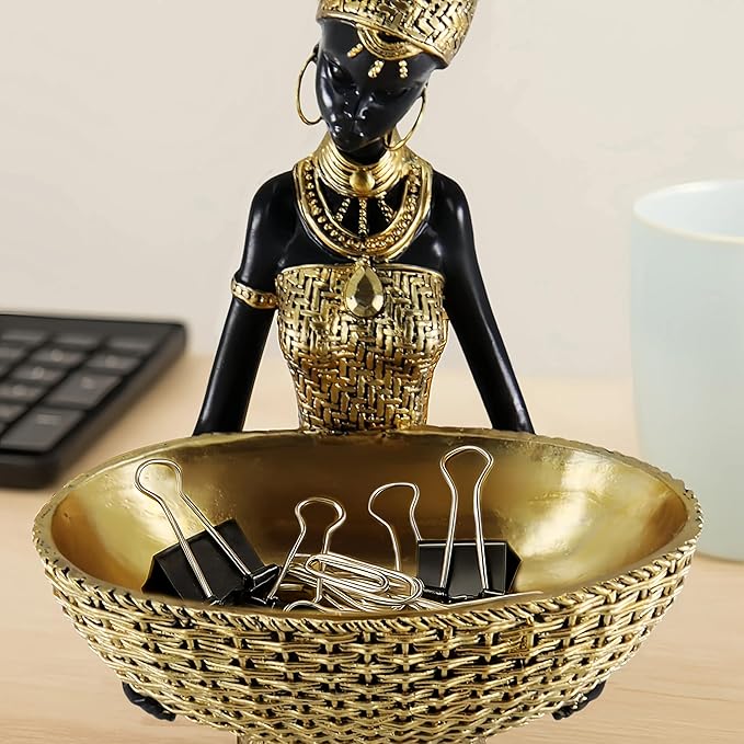 African Tribal Resin Statue - Handcrafted Gold Accent Figure with Bowl, Ethnic Home Decor Art Piece for Shelf & Table Display, Bohemian Gift Idea