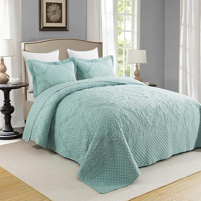 Travan 3-Piece King Quilt Set Quilted Bedspread Oversized Microfiber Lightweight Bedspread Coverlet Set with Shams Bedding Set for All Season, Blue, King