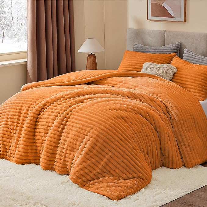 BEDELITE Fleece Queen Comforter Set -Super Soft & Warm Fluffy Burnt Orange Bedding, Luxury Fuzzy Heavy Bed Set for Winter with 2 Pillow Cases