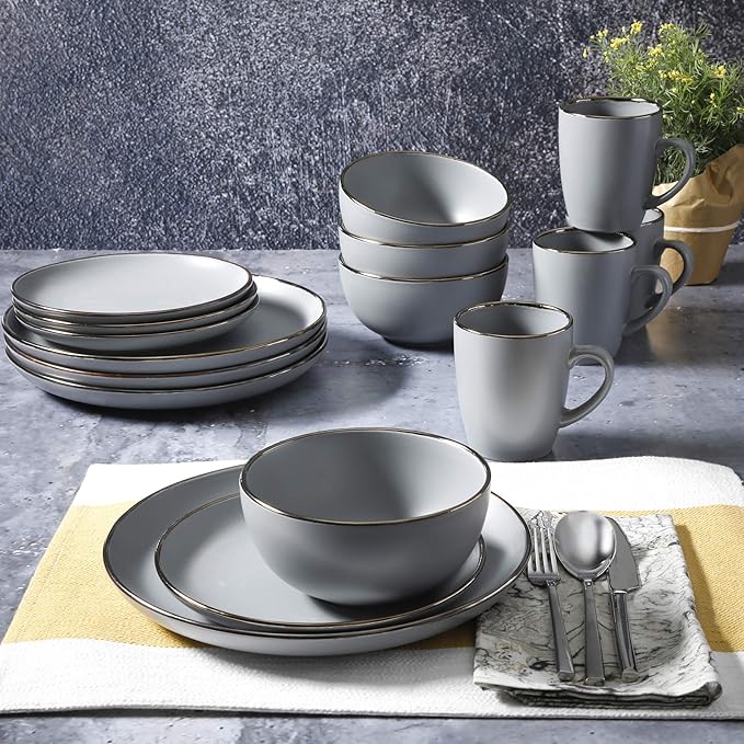 Gibson Home Rockaway Round Dinnerware, Service for 4 (16pcs), Grey/Gold Rim