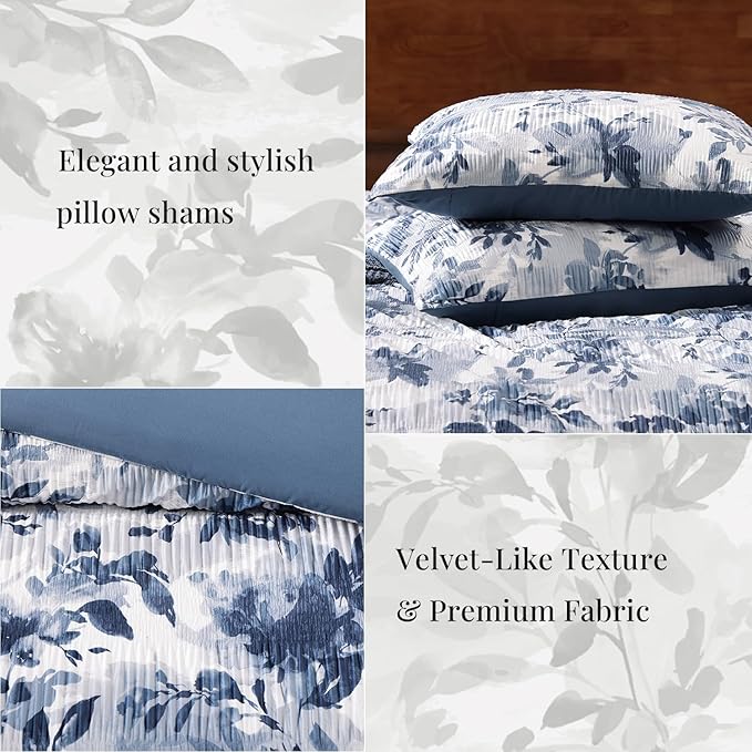 CASAAGUSTO Queen Comforter Set, 7 PCS Navy Blue Floral Comforter Set with Flowers Leaves Pattern, Soft Velvet Design for Winter Queen Size Bedding Set(90"X90")