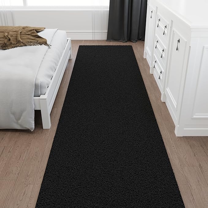 Ottomanson 3' x 22' Shaggy Runner Rug - Plush & Cozy Non-Slip Carpet for Bedroom, Living Room, Bathroom & Entryway - Durable & High-Traffic Friendly for Hallways & Dorms, Black