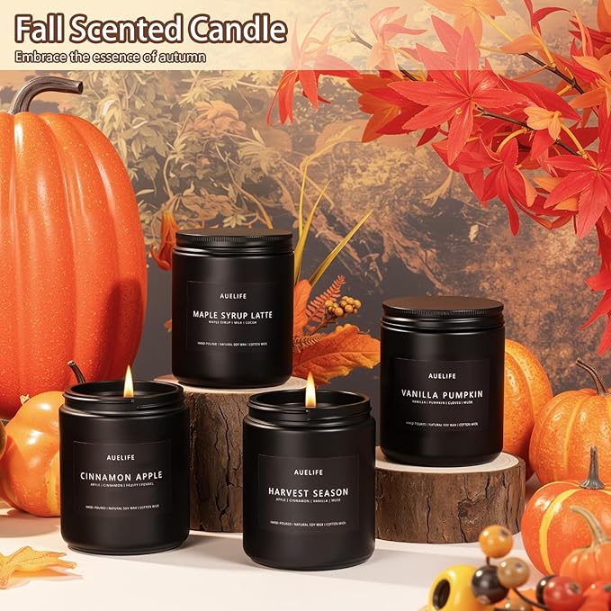 Fall Candles, 4 Pack Soy Candles Set - Autumn Scents of Vanilla Pumpkin, Cinnamon Apple, Harvest Season, Maple Syrup Latte, Aromatherapy Fall Gifts for Men & Women, Thanksgiving Home Decor