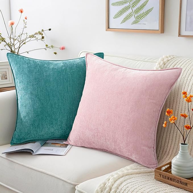 decorUhome Couch Throw Pillow Covers 20x20 Set of 2, Decorative Soft Euro Neutral Chenille Pillow Covers with Elegant Design for Sofa Bed Living Room Home Decor, Teal