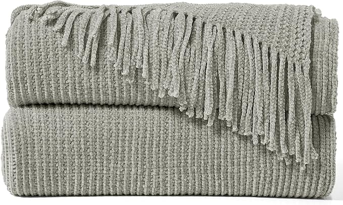 inhand Throw Blanket for Couch Bed,Chunky Chenille Woven Soft Blankets with Tassels,Cozy Boho Farmhouse Fall Winter Decor,Warm for Women,50"x60",Extra Thick-Light Grey