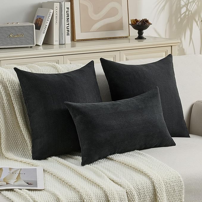 FUTEI Black Chenille Throw Pillow Covers 26x26 Inch Set of 2,Soft Wide Chevron Textured Euro Pillow Shams,Farmhouse Home Decor for Couch Living Room