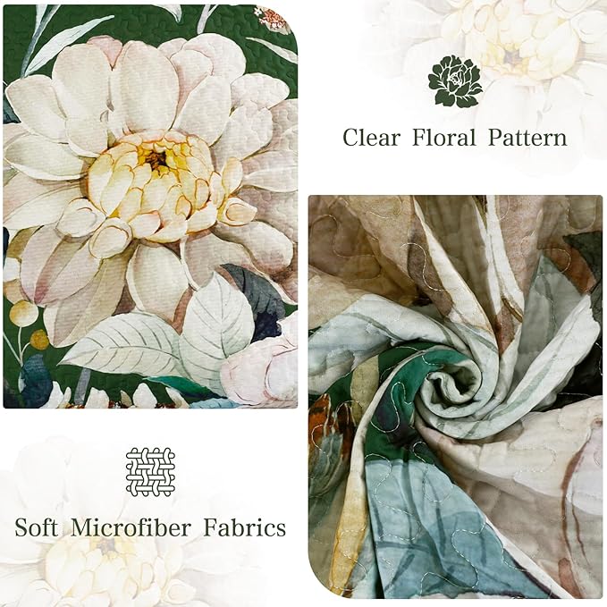 Drucon Floral Quilt King Size - 3 Pieces Green Quilt Botanical Bedspread Soft Lightweight Flower Bedding Set for All Season (104"x90")