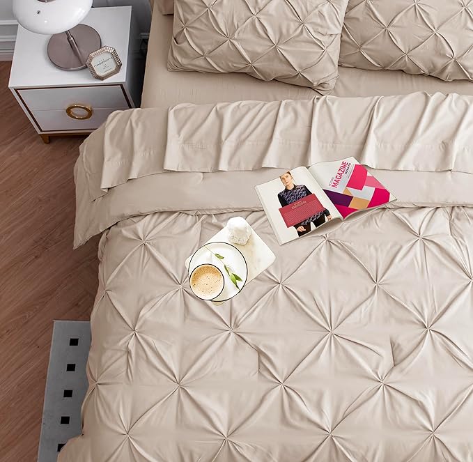 LANE LINEN Queen Comforter Set - 7 Pieces Pintuck Bed in A Bag, Queen Bed Set with Comforters, Sheets, Pillowcases & Shams, Bedding Set - Beige