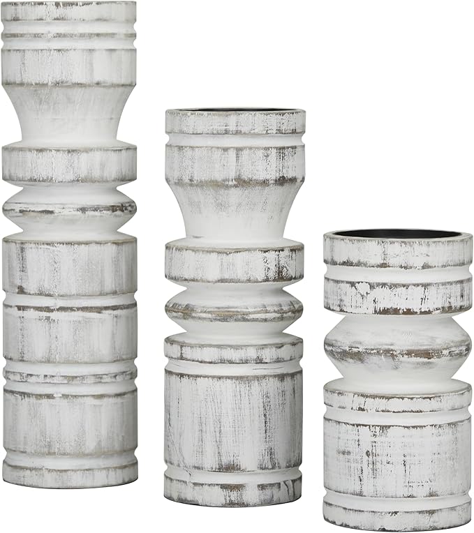 Deco 79 Wood Decorative Candle Holder Candle Stand, Set of 3 Candlestick Holder 14", 11", 8" H, White