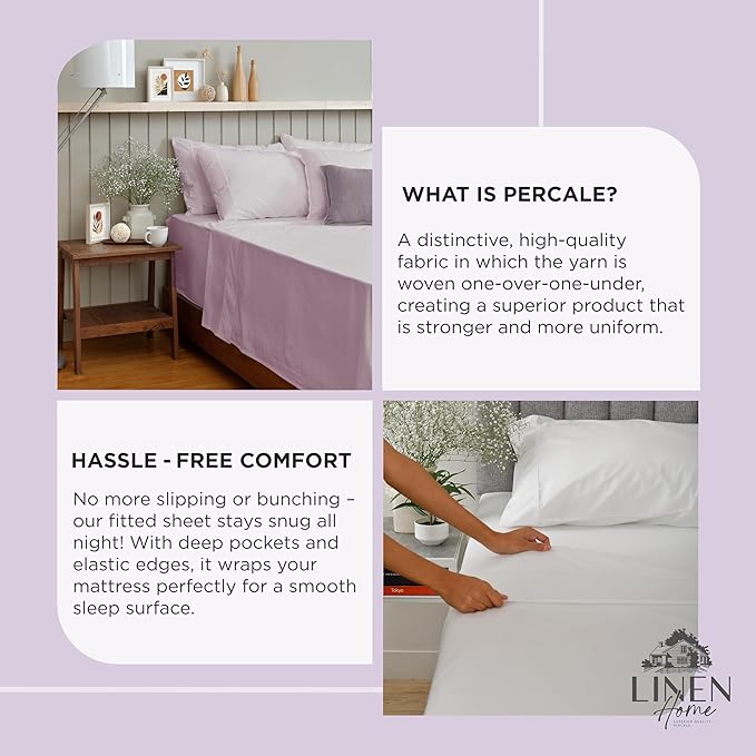 Linen Home 100% Cotton Percale Weave Fitted Sheet, King Size, Iris Lilac, 1 Deep Pocket Fitted Sheet, Fits Mattress Upto 16" Crisp and Cool Strong Bed Linen, 78"X80"+15"