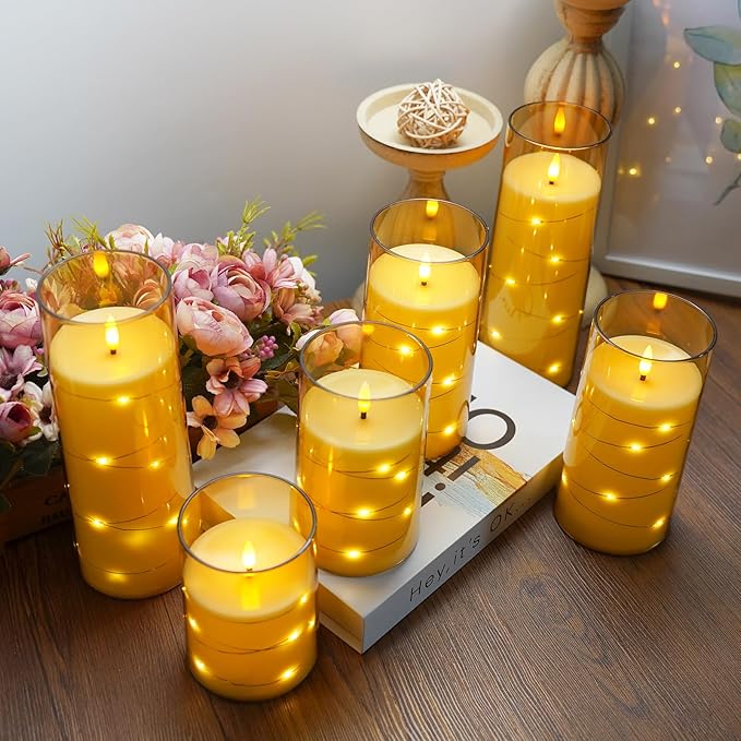 Lezonic 6Pcs Flameless LED Candles with Remote Timer, Acrylic Battery Operated Candles Flickering with Embedded String Lights, for Wedding Centerpiece, 3 x 456688 inches(Gold)