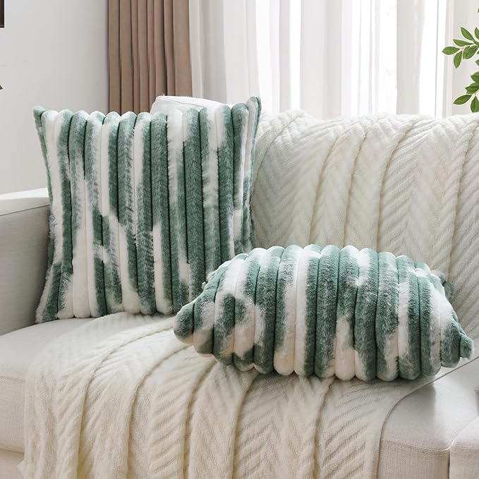 FUTEI Dark Green Decorative Throw Pillow Covers 16x16 Inch Set of 2,Soft Tie-Dye Faux Rabbit Fur Striped Texture Cushion Case, Modern Home Decor for Couch Bed Living Room