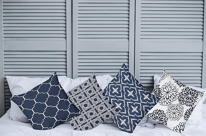Ambesonne Vintage Throw Pillow Cushion Case Pack of 4, Quatrefoil Mesh Medieval Lattice Ornaments Ethnic Motive and Dahlia Flowers, Modern Accent Double-Sided Digital Printing, 24", Night Blue White