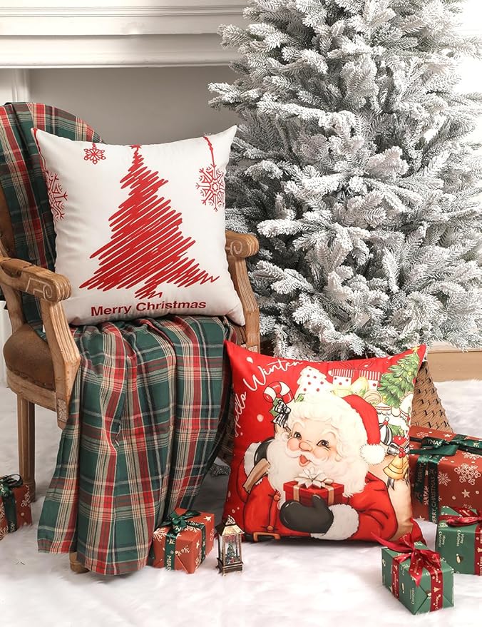 TOYPOPOR Christmas Decorations, Double Sided Throw Pillow Covers 16x16 Inches Set of 4, Christmas Tree, Snowflakes, Merry Christmas, Snowman Reindeer Cushion Case for Farmhouse Home Holiday Decor
