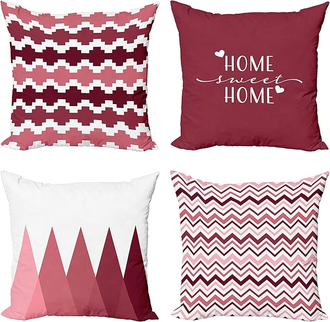 Ambesonne Modern Throw Pillow Cushion Case Pack of 4, Geometric Style Pattern of Triangles Zigzags Love Home Phrase Print, Modern Accent Double-Sided Digital Printing, 24", Raspberry Rose and White