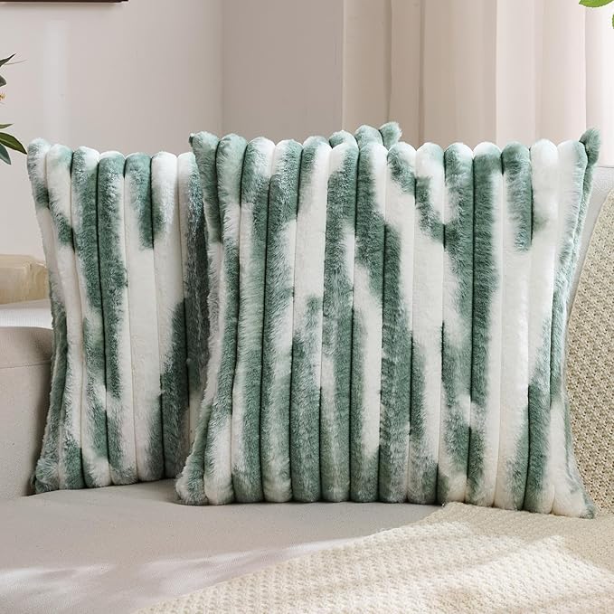 FUTEI Dark Green Decorative Throw Pillow Covers 16x16 Inch Set of 2,Soft Tie-Dye Faux Rabbit Fur Striped Texture Cushion Case, Modern Home Decor for Couch Bed Living Room