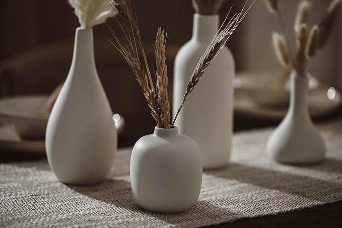 Set of 8 White Ceramic Vases for Dried Pampas Grass Flowers, Aesthetic Boho Modern Decor for Farmhouse Living Room Coffee Table Shelf Fireplace Centerpiece Bedroom Office Desk Home DIY Gifts