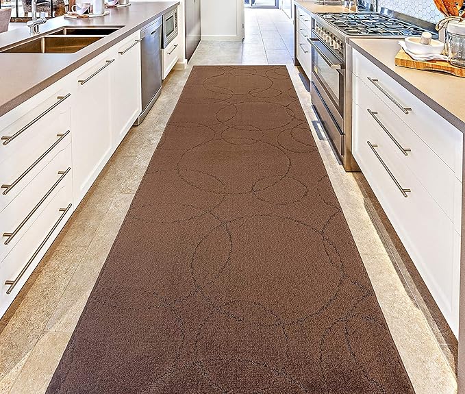 Custom Size Modern Geometric Pattern Carpet Runner Rug for Hallways, Slip Resistant Latex Rubber Backed, 31 inch Wide X Customized Length, Circles Brown, 31 inch X 27 feet