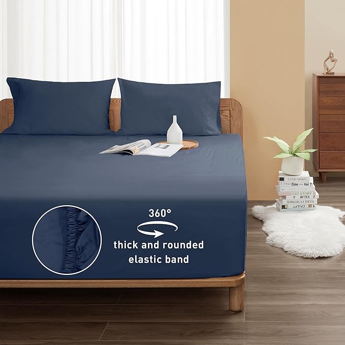 Sunflower Queen Fitted Sheet, 1-Piece Extra Deep Pocket Fitted Bottom Sheet 22", 100% Cotton Sateen Soft Breathable, Blue Indigo