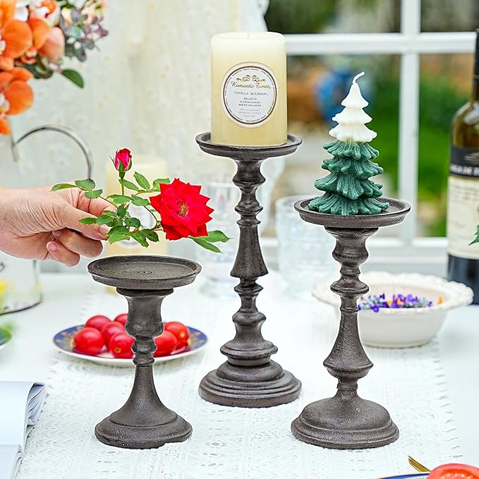 Sungmor Rustic Cast Iron Pillar Candle Holder, 5.9" Tall Vintage Candlestick Holders, Table Centerpiece Metal Candle Holder, Farmhouse Candle Stand for Fireplace Shelf Home Decor