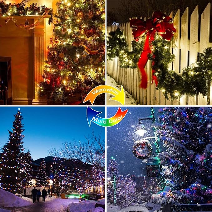 (Warm White ⇋ Multicolor) Solar Christmas String Lights Outdoor, 2-Pack 80FT 200 LED Waterproof Copper Wire, Solar Twinkle Lights with 8 Modes Solar Fairy Light for Tree Garden Wedding Christmas Decor