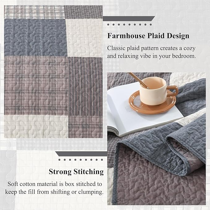 Quilts King Size - Plaid Design Modern Quilt Set with Matching Shams, 3 Pieces 100% Cotton King Quilt Bedding Set, Reversible Bedspread Coverlet for All Season, Gray/Brown/Beige