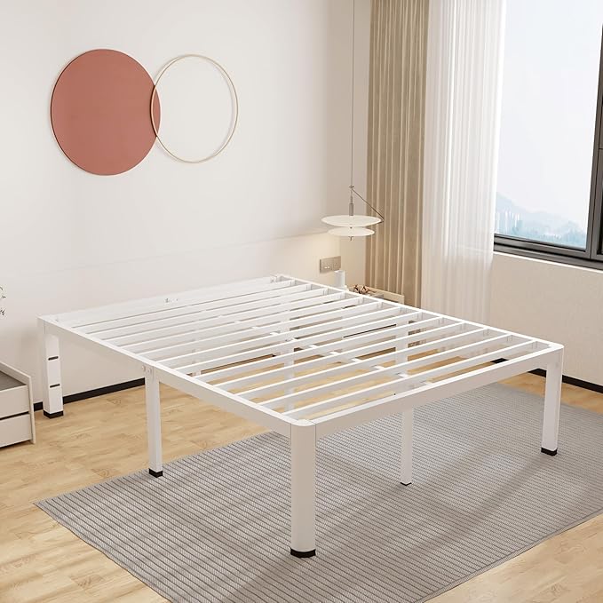 ROIL 14 Inch White King Bed Frame with Rounded Corner and Headboard Hole Mattress Retainers 3500LBS Heavy Duty Steel Slats No Box Spring Needed Platform Noise-Free Easy Assembly
