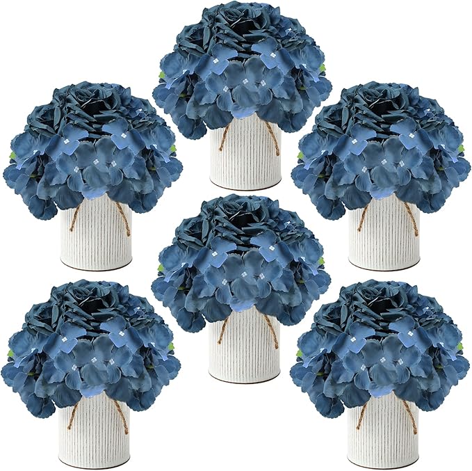 Flower Table Centerpieces - Set of 6 Floral Arrangement Artificial Wedding Hydrangeas Floral Arrangement with Rustic Metal Vase for Bridal Tea Party Event Decorations - Deep Dusty Blue