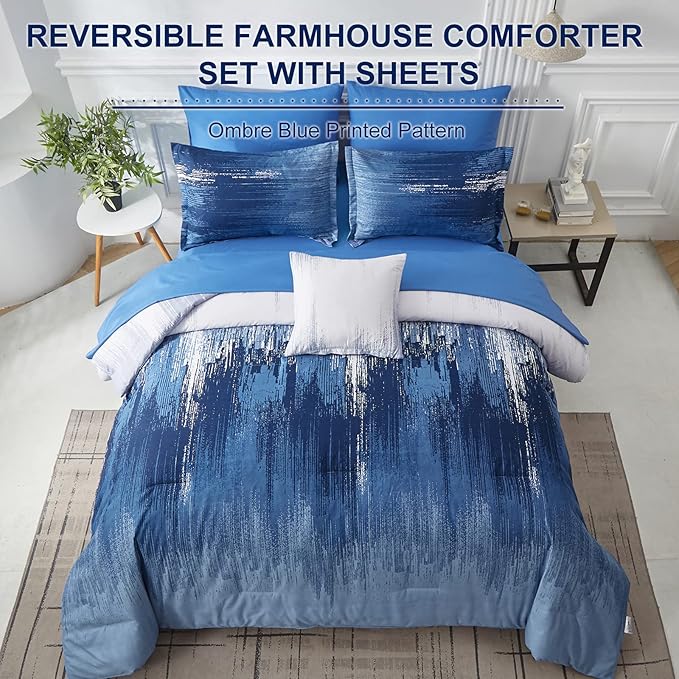 Ombre Blue Comforter Set King Size Reversible Gradient Blue Grey Boho Bedding Set for Men Women 8 Pieces Bed in A Bag Bohemian Bed Set With Comforter, Sheets, Pillowcases & Shams, Cushion Cover
