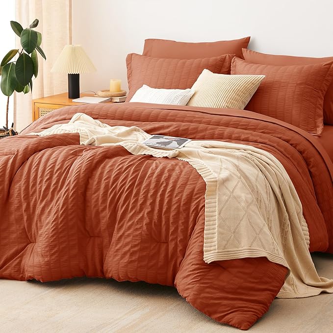 CozyLux King Size Comforter Set Burnt Orange Seersucker 7 Pieces Bed in a Bag King Comforter Set with Sheets Terracotta Luxury Bedding Set with Down Alternative Comforter, Sheets, Pillowcases & Shams