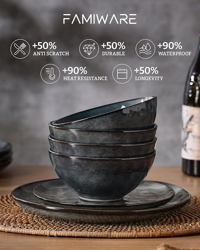 Famiware Dinnerware Sets for 4, Ocean Round 12-Piece Kitchen Plates and Bowls Sets, Reactive Glaze, Microwave and Dishwasher Safe, Scratch Resistant, Deep Forest
